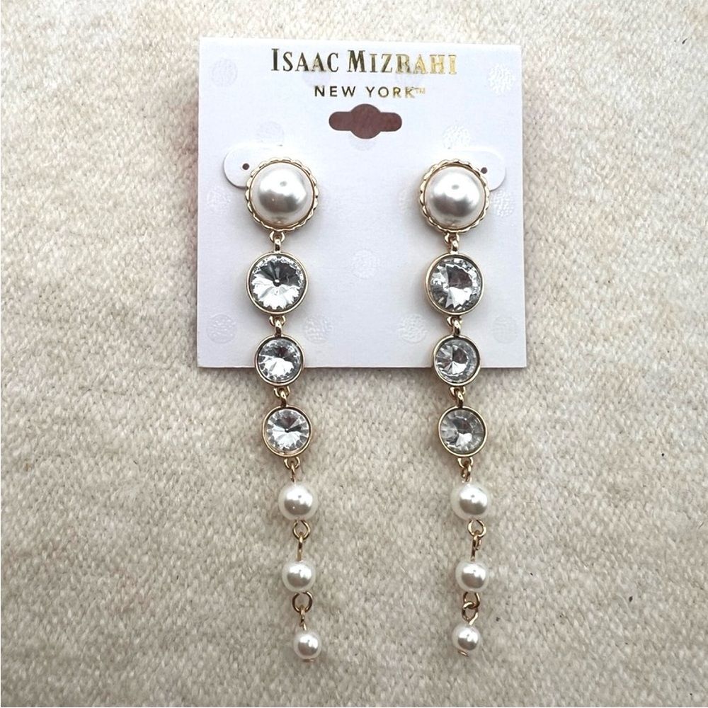Isaac Mizrahi New York faux Pearl & Crystal Long Dangle Earrings - Picture 5 of 5